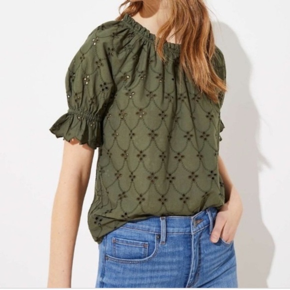 Loft Green Eyelet Puff Sleeve Top